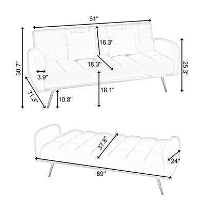 69 Inch Sofa Bed Beige with Adjustable Teddy Sofa for Small Space Living Room and Bedroom