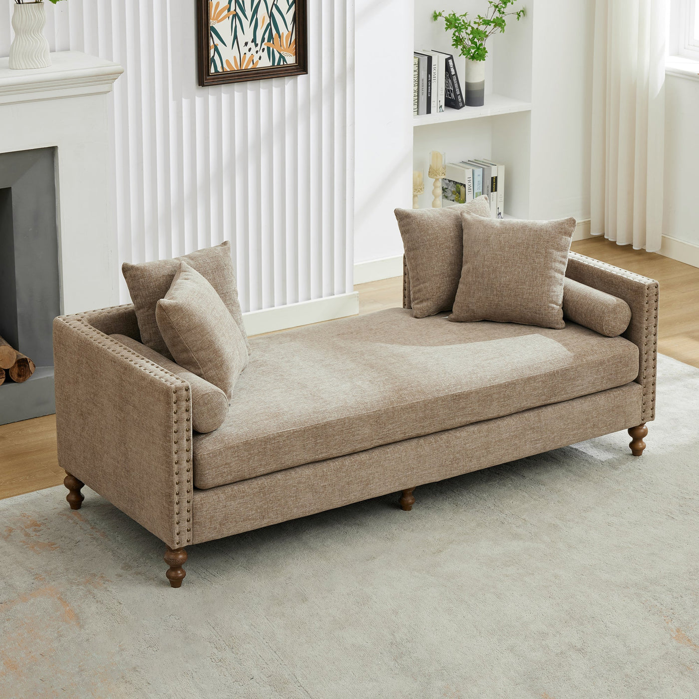 Upholstered Chaise Lounge Indoor with Nailheads, Sleeper Sofa Couch with 4 Throw Pillows & 2 Bolsters, Daybed with Rubberwood Legs, Taupe Chenille,75.2'' Wide
