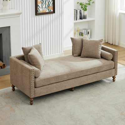 Upholstered Chaise Lounge Indoor with Nailheads, Sleeper Sofa Couch with 4 Throw Pillows & 2 Bolsters, Daybed with Rubberwood Legs, Taupe Chenille,75.2'' Wide