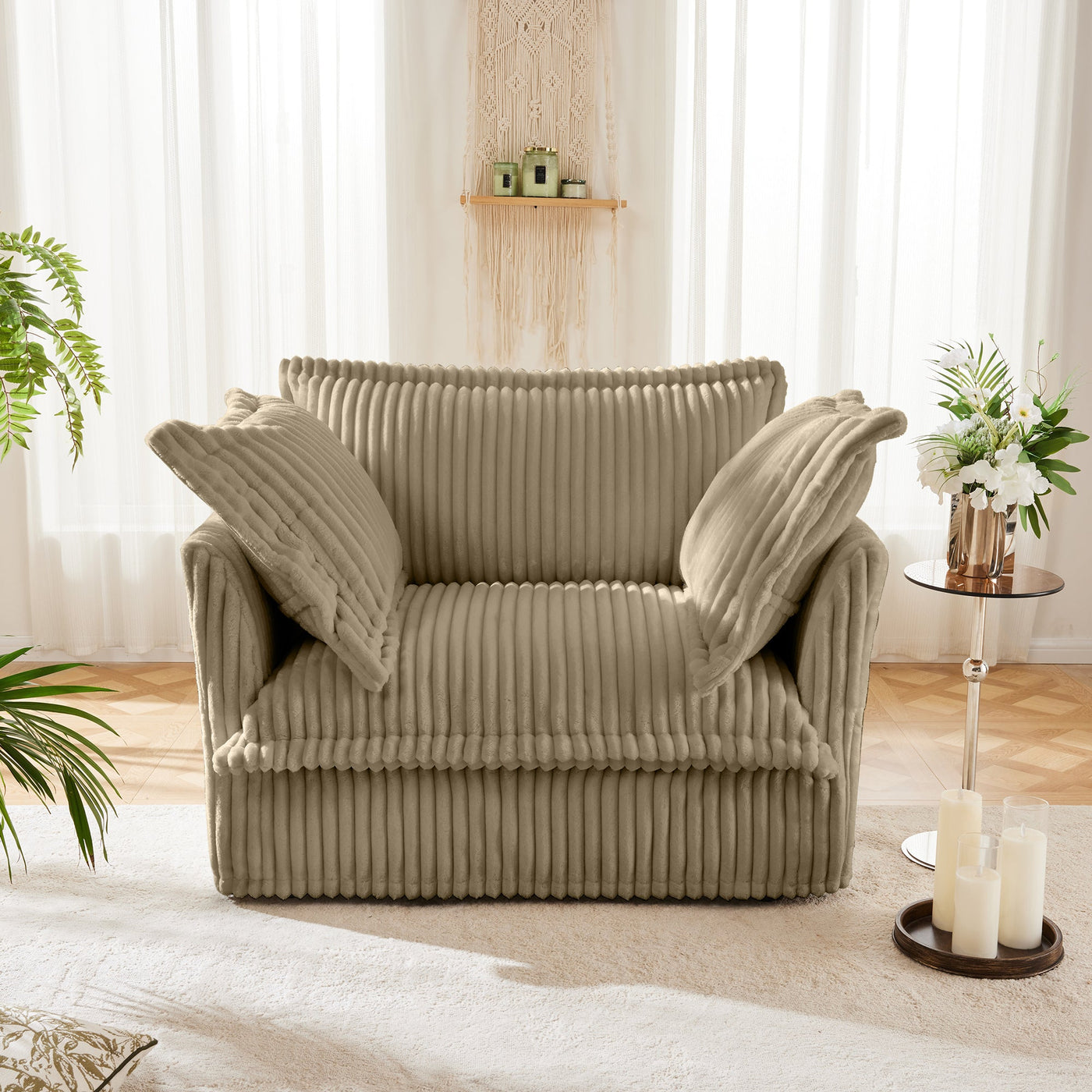 Slip-covered Armchair with 1 Big Back Cushion and 2 Big Toss Pillows, Single Deep Seat Comfy Single Couch Sofa Multiple Large Soft Pillows, Camel Corduroy Fabric