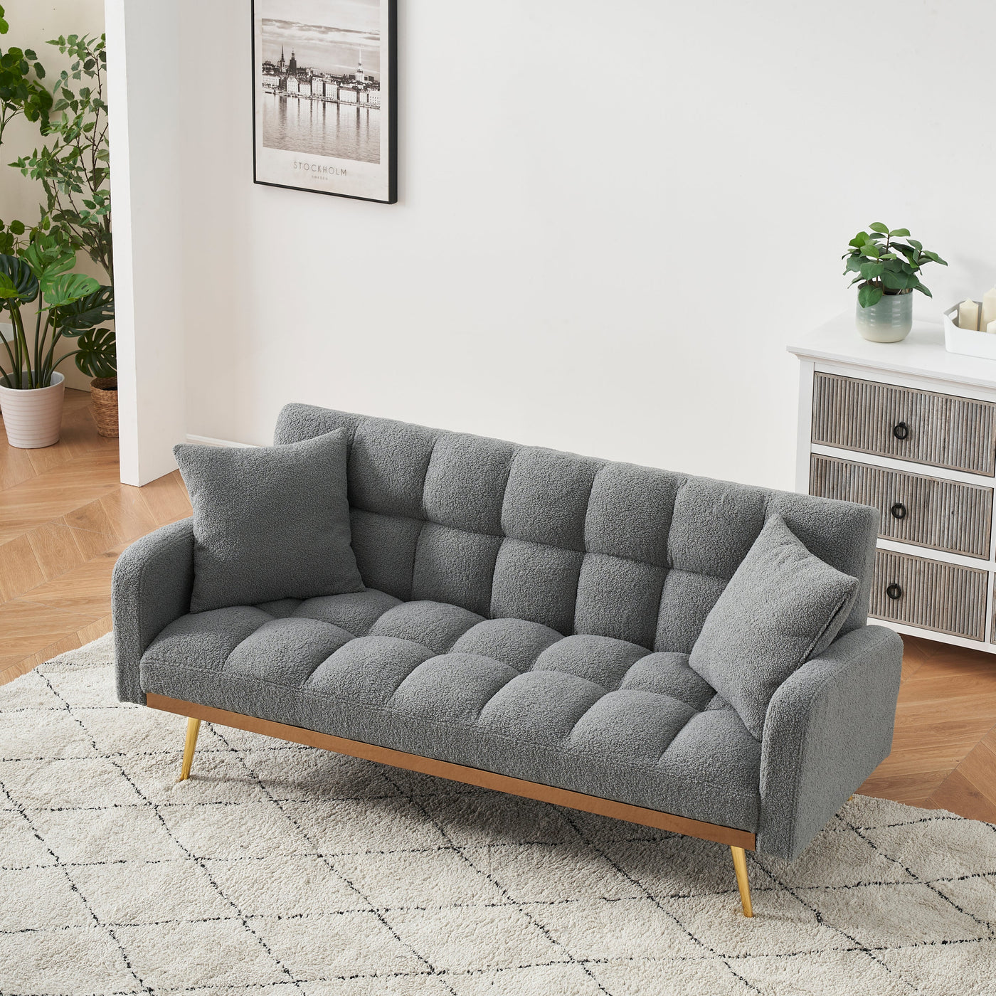 69 Inch Sofa Bed Gray with Adjustable Teddy Sofa for Small Space Living Room and Bedroom