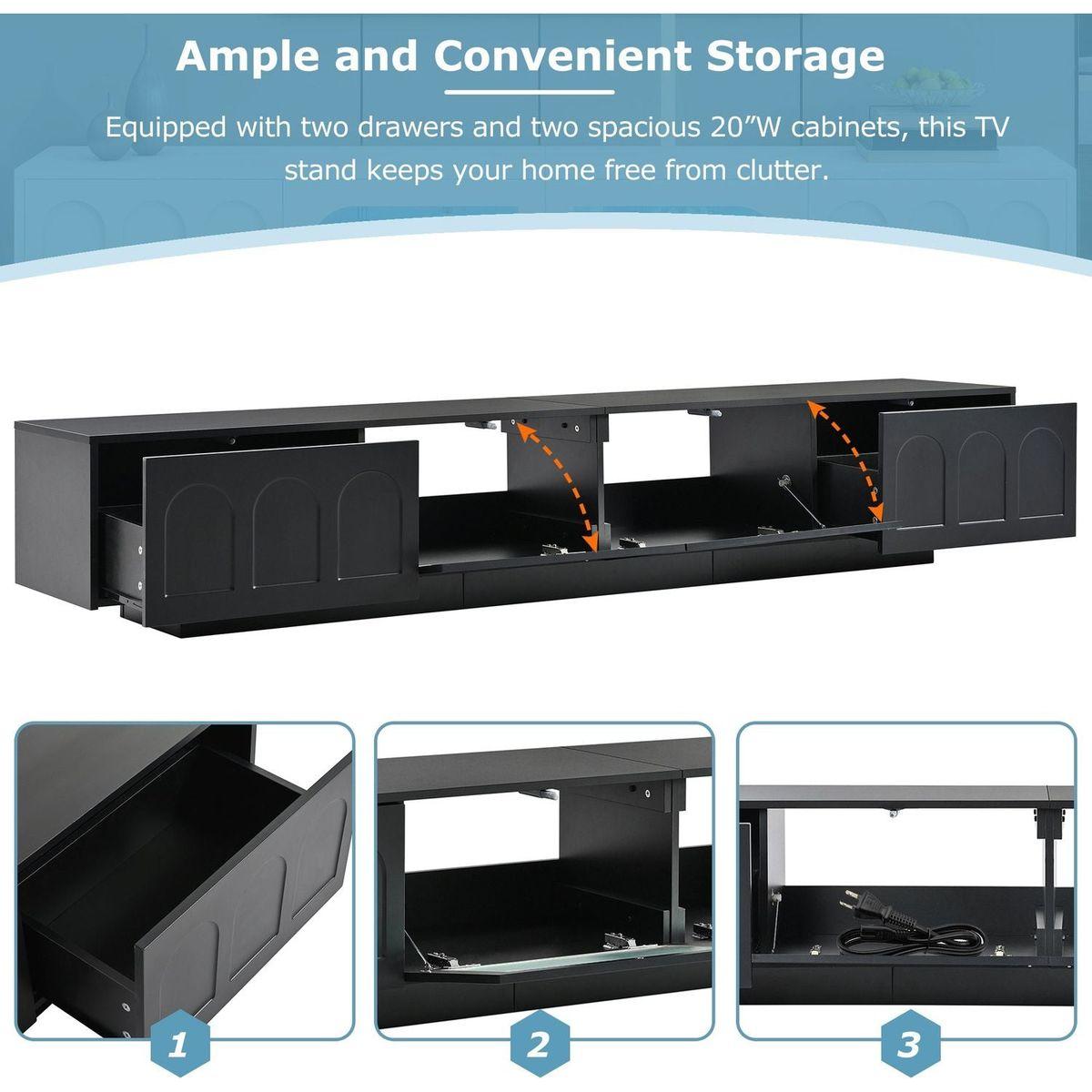 TV Stand with Fluted tempered Glass Doors for TVs Up to 95", Functional Media Console with Arched Cabinet Doors, Entertainment Center with APP-Controlled LED Light for Living Room, Black