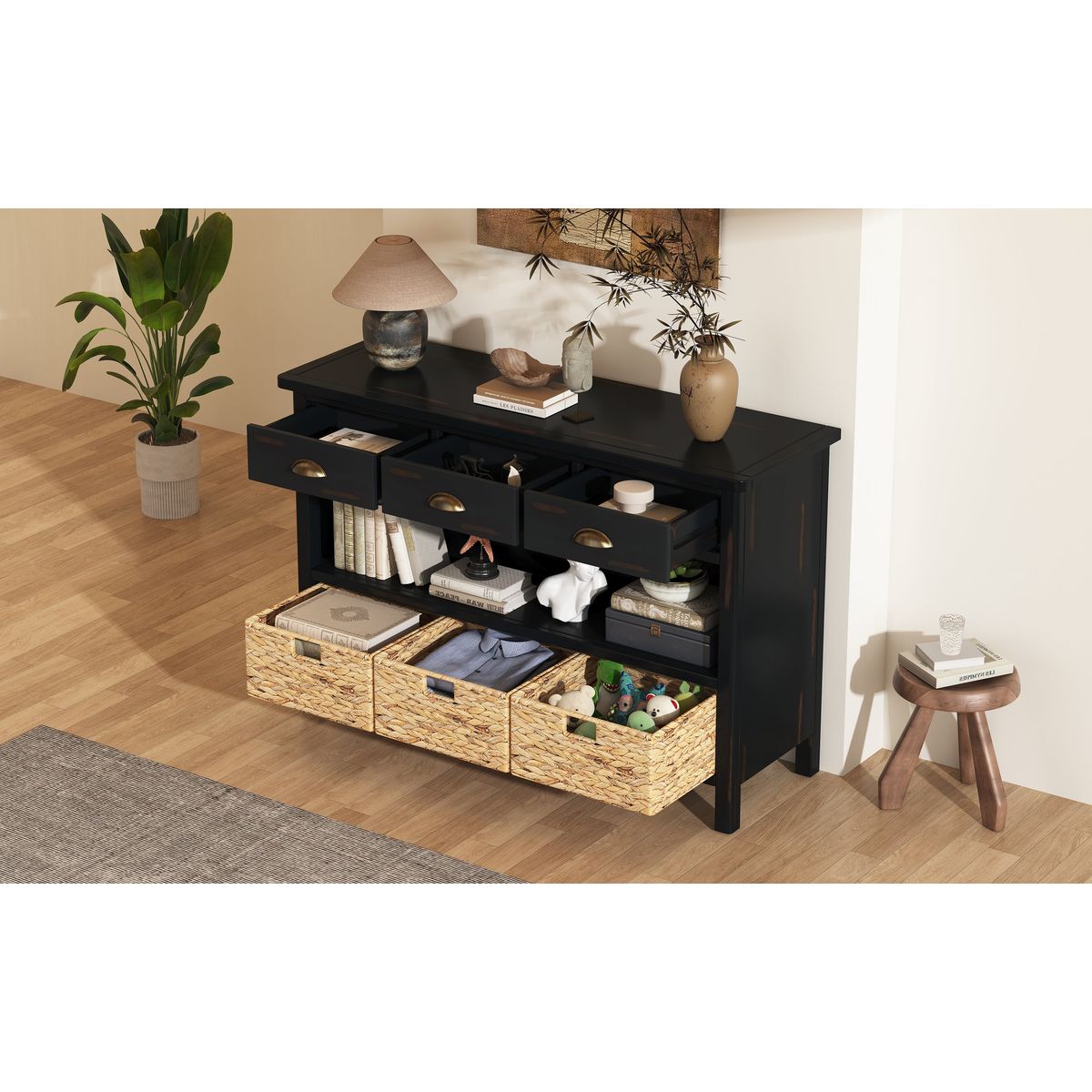 TREXM Retro Console Table with 3 Storage Drawers, Entryway Table with 3 Water Hyacinth Woven Baskets,Wooden Accent Sofa Table Buffet Cabinet for Entryway, Hallway and Living Room (Espresso)