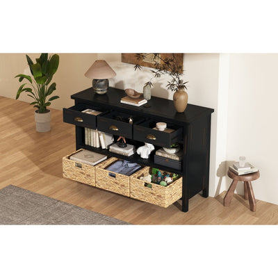 TREXM Retro Console Table with 3 Storage Drawers, Entryway Table with 3 Water Hyacinth Woven Baskets,Wooden Accent Sofa Table Buffet Cabinet for Entryway, Hallway and Living Room (Espresso)