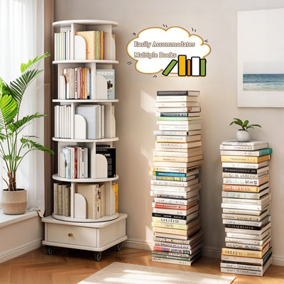 6 Tier Rotating Bookshelf with Wheels and Drawer, 360° Spinning Design, Space Saving Storage, for Home and Office, White MDF