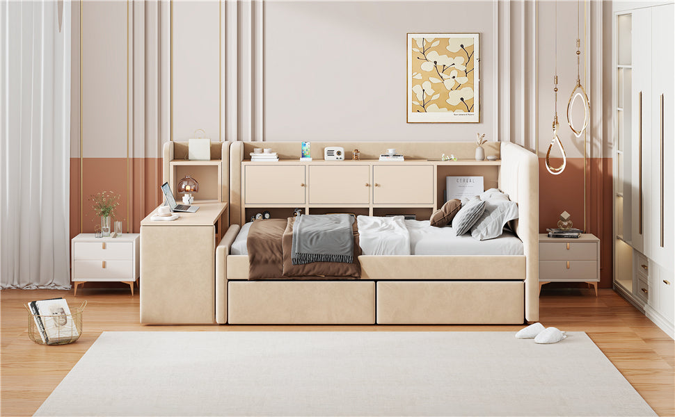 Twin Size Upholstered Daybed with Drawers, Shelves, Flip Cabinets & Side Table (Beige)