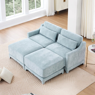Elegant Two-Seater Sofa with Ottoman and Lumbar Pillows, Sky Blue Chenille, High-Quality Wood