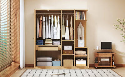 4-Door Wardrobe with Shelves, Drawers, and Full-Length Mirror, Natural
