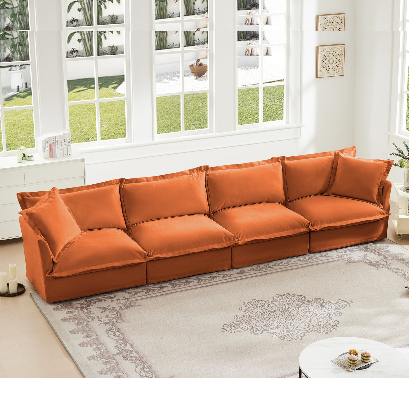 Slipcovered Long Sofa, 4 Seater Sofa with Removable Cover, Extra Deep Couch for Living Room, ,Chenille Fabric Cloud Like Comfy Sofa Couch, Orange Chenille Fabric