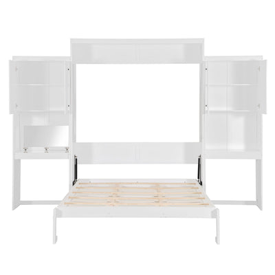 Queen Size Murphy Bed with Desk, Vanity and Cabinets, White
