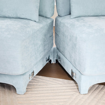 Elegant Sky Blue Three-Seater Sofa with Lumbar Pillow, Chenille Upholstery, Ergonomic Design, Wooden Base