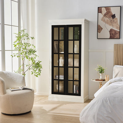 Rustic Style Display Cabinet with Glass Doors for Collectibles - White & Black, 71.2'' Tall
