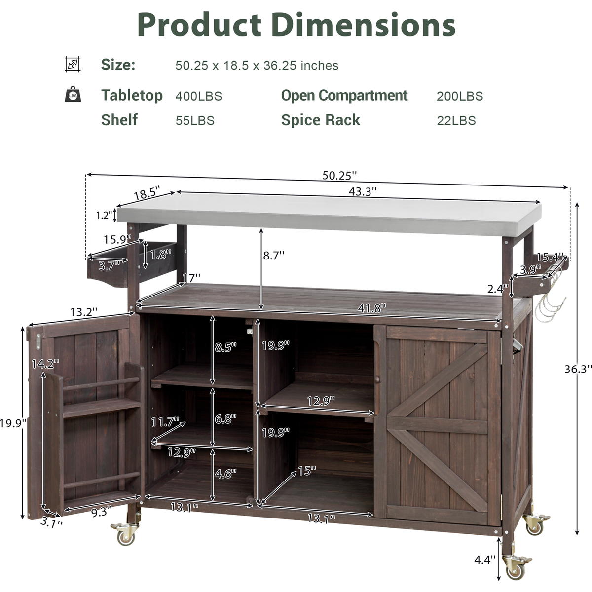 Outdoor Kitchen Island, Rolling Bar Cart & Storage Cabinet, Farmhouse Solid Wood Outdoor Grill Table with Stainless Steel Top, Spice Rack, Towel Rack for Kitchen & Barbecue, Dark Brown
