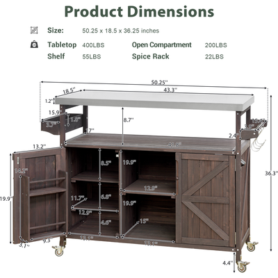 Outdoor Kitchen Island, Rolling Bar Cart & Storage Cabinet, Farmhouse Solid Wood Outdoor Grill Table with Stainless Steel Top, Spice Rack, Towel Rack for Kitchen & Barbecue, Dark Brown