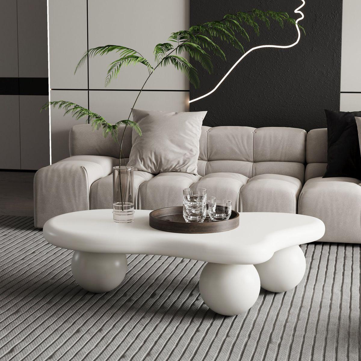 40 Inch Cloud Shaped Coffee Table with 3 Ball Legs for Living Room, Cream White