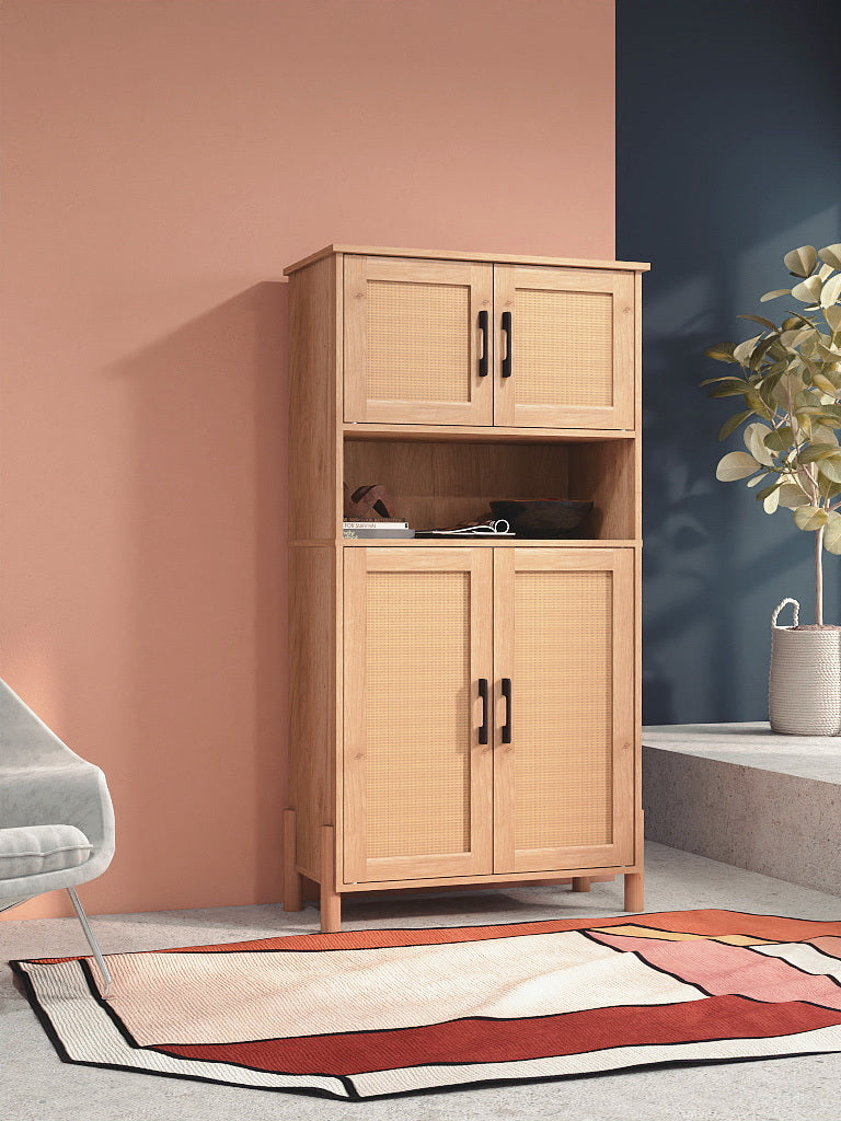 Mid-Century Modern 4-Door Storage Cabinet with Woven Rattan Doors & Adjustable Shelves - Perfect for Living Room & Dining Room