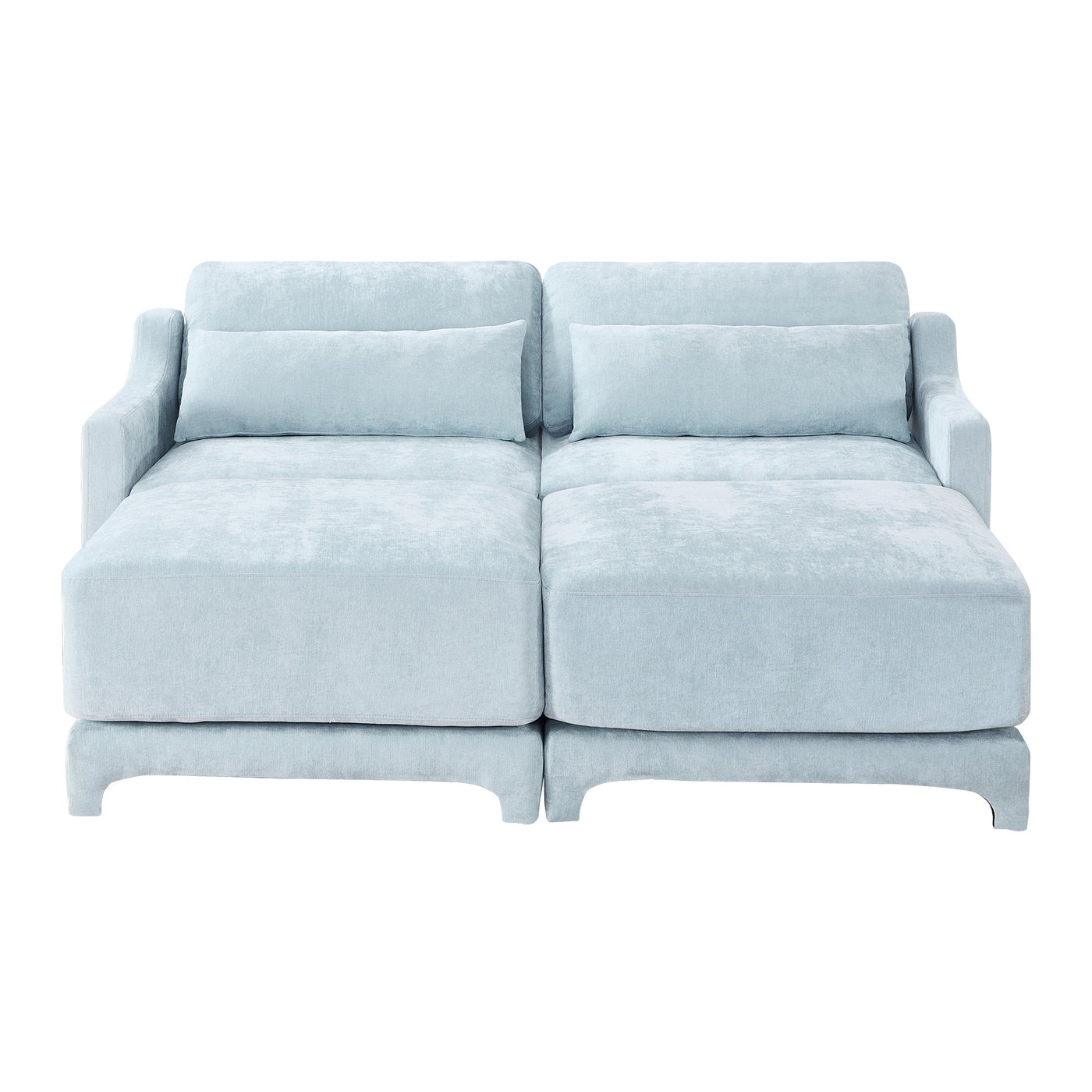 Elegant Two-Seater Sofa with Ottoman and Lumbar Pillows, Sky Blue Chenille, High-Quality Wood
