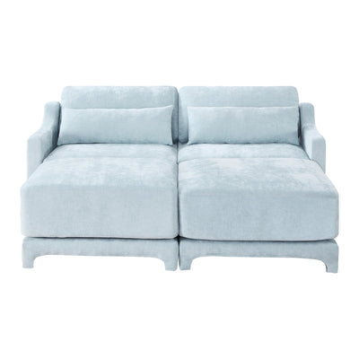Elegant Two-Seater Sofa with Ottoman and Lumbar Pillows, Sky Blue Chenille, High-Quality Wood