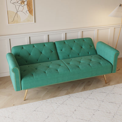 Velvet Sofa Bed with Nail Head Trim and Throw Pillow in Green, 69.7 Inches, Sponge Filling, Gold Metal Legs