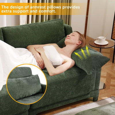 Stylish Two-Seater Sofa with Ottoman and Lumbar Pillows, Green Chenille Fabric, Ergonomic Design