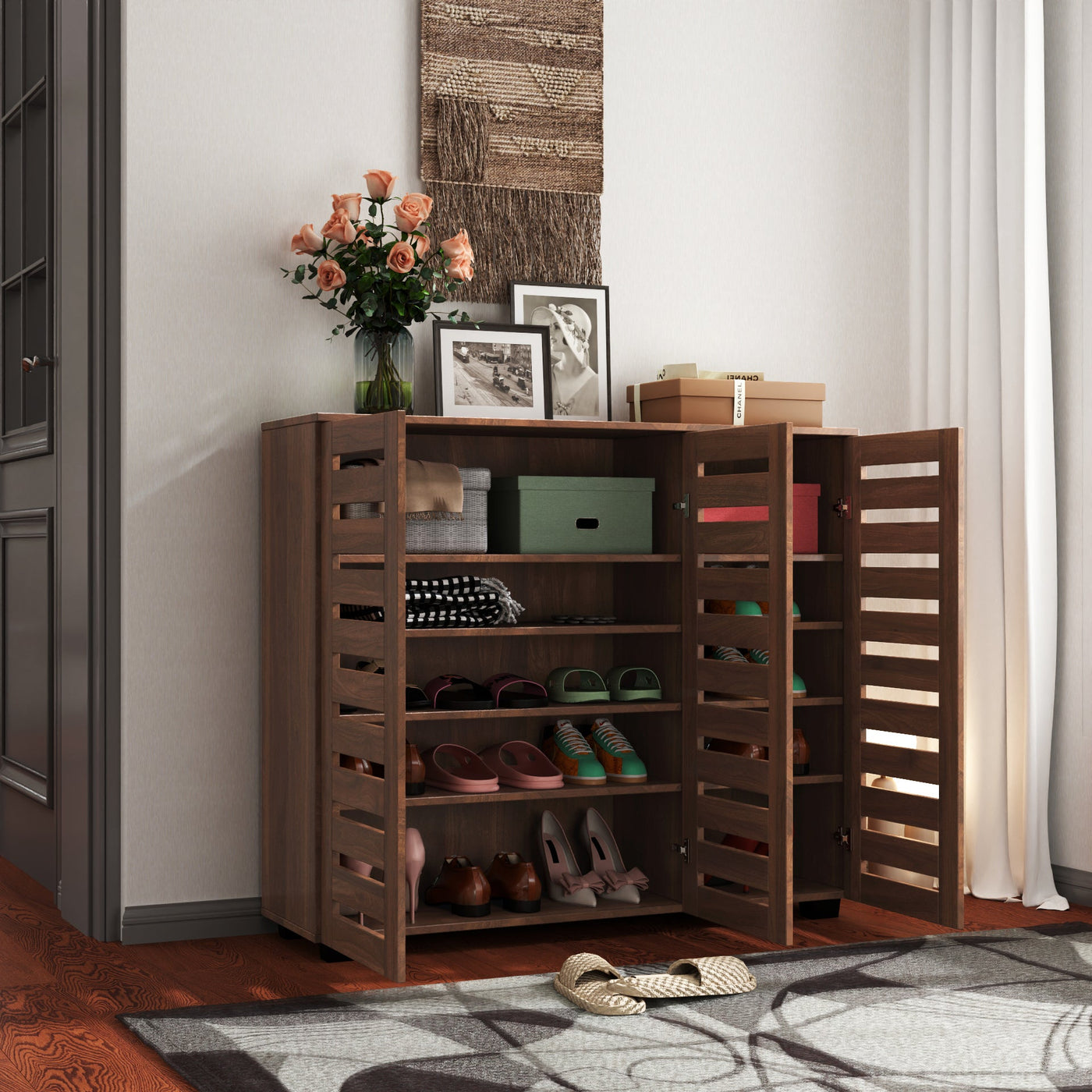 Shoe Cabinet, 5-Tier Shoe Storage Cabinet with Adjustable Shelves, Wooden Shoe Rack Organizer with Louvered Doors for Entryway, Hallway, Bedroom, Closet, Living Room