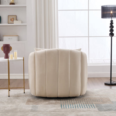 40.35'W Upholstered Oversized 360° Swivel Accent Barrel Chair and Half Cozy Sofa with 3 Pillows, Velvet Channel Tufted Pumpkin-Shape Club Armchair for Living Room, Bedroom, Office, Lounge, Beige