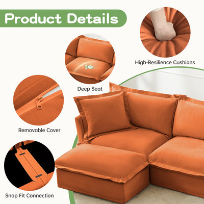 Slipcovered Sectional 2 Seater Sofa Couch with Convertible Ottoman, Wide and Deep Seat L Shaped Sofa with Detachable Cover and Soft Multiple Big Pillows, Chenille Fabric, Orange