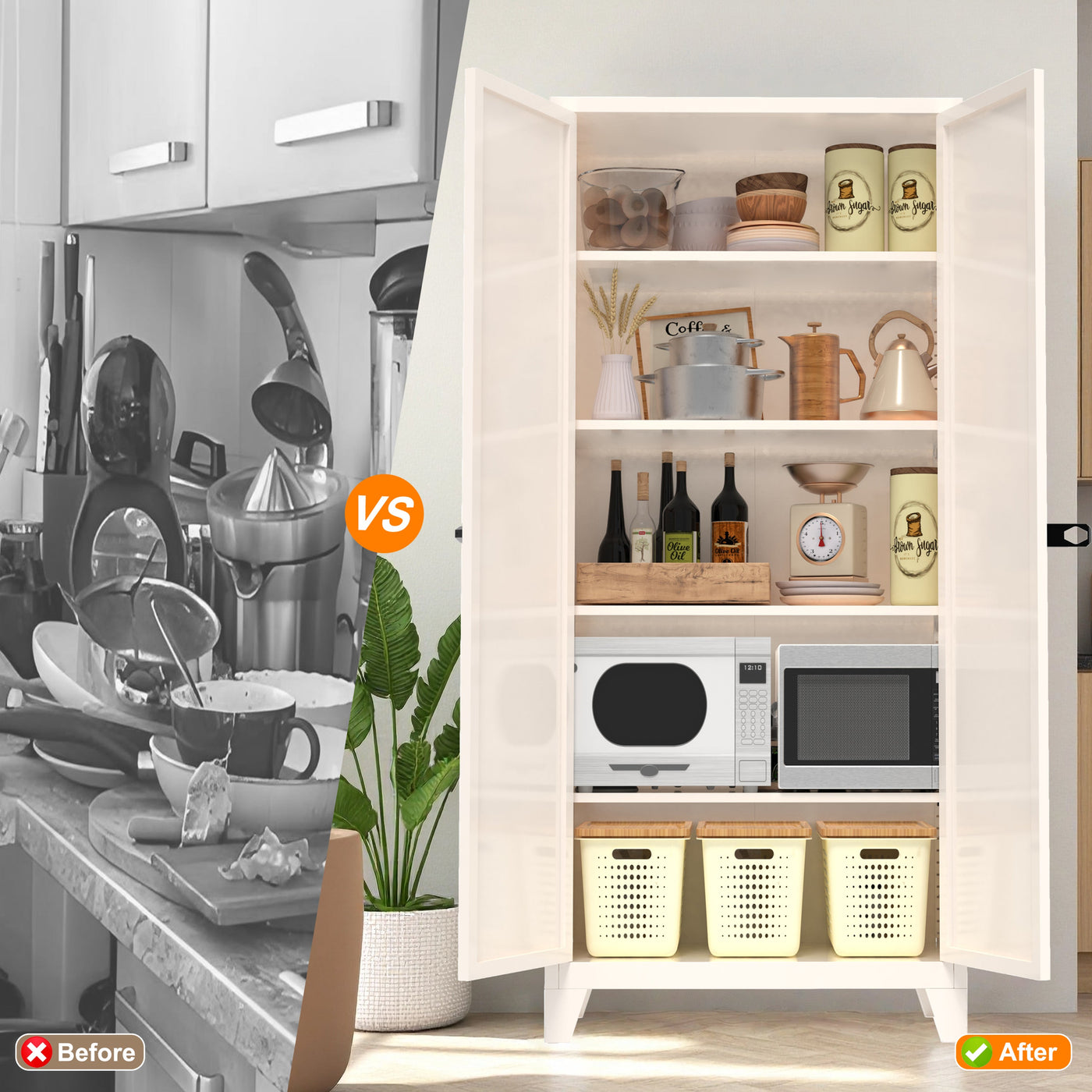 71'' 2 Shapely Door Cabinet With Lock, Metal Storage Cabinet with Doors and Adjustable Shelves, for Kitchen, Bedroom, Living Room(Beige)