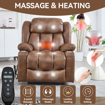 Dual Motor Infinite Position Up to 350 LBS Leatherair Power Lift Recliner Chair, Heavy Duty Motion Mechanism with 8-Point Vibration Massage and Lumbar Heating, Stainless steel Cup Holders, Brown