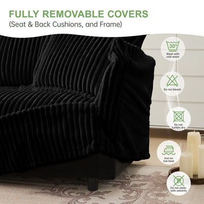 Slipcovered Sofa 2 Seater Sofa    With 2 Ottomans, 2 Seater Sleeper Sofa Bed Home Theater Oversized Sofa For Living Room, Corduroy, Black