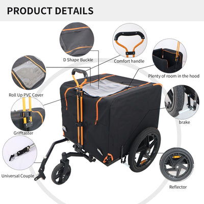 2-in-1 Bike & Pull-Behind Pet Trailer – Convertible Dog/Cat Carrier with Detachable Bike Hitch & Built-in Towing Handle – All-Terrain Wheels for Cycling and Hand-Pulled Transport, Orange and Black