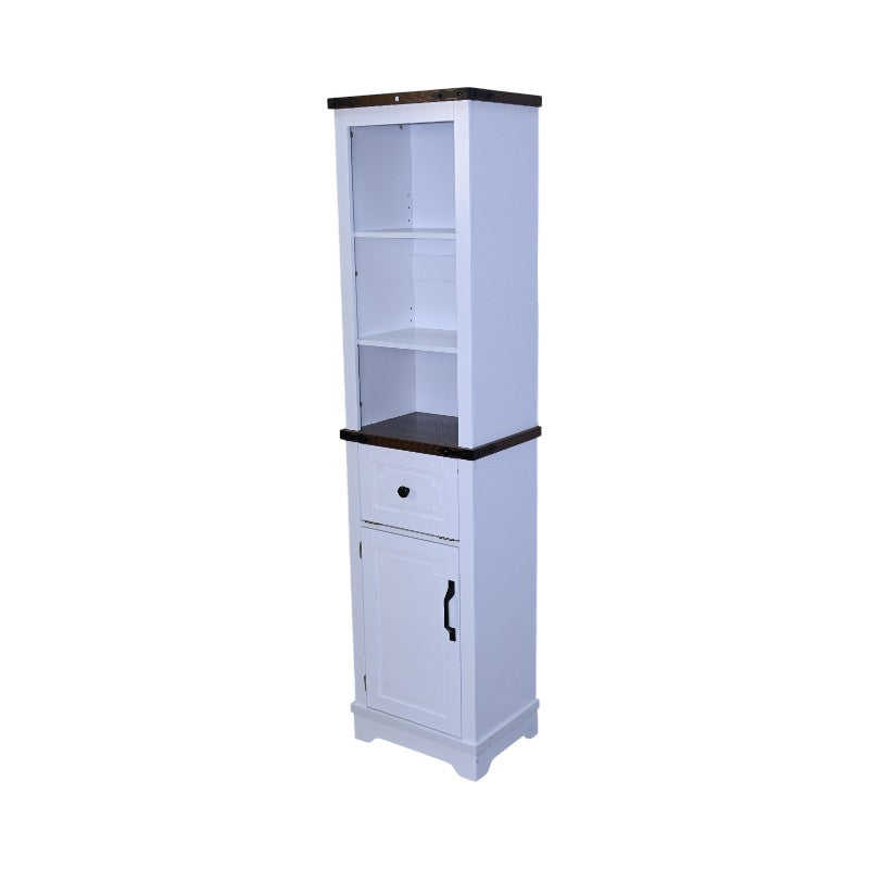 Narrow cabinet,Bathroom Storage Cabinet, Farmhouse Storage Cabinet with Adjustable Shelves & Storage Drawer, Tall Linen Tower for Bathroom, Living Room, White with black walnut color (top)