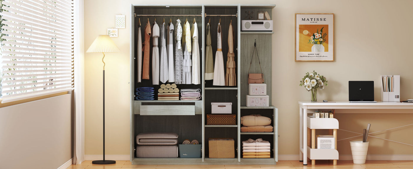 4-Door Wardrobe with Shelves, Drawers, and Full-Length Mirror, Gray