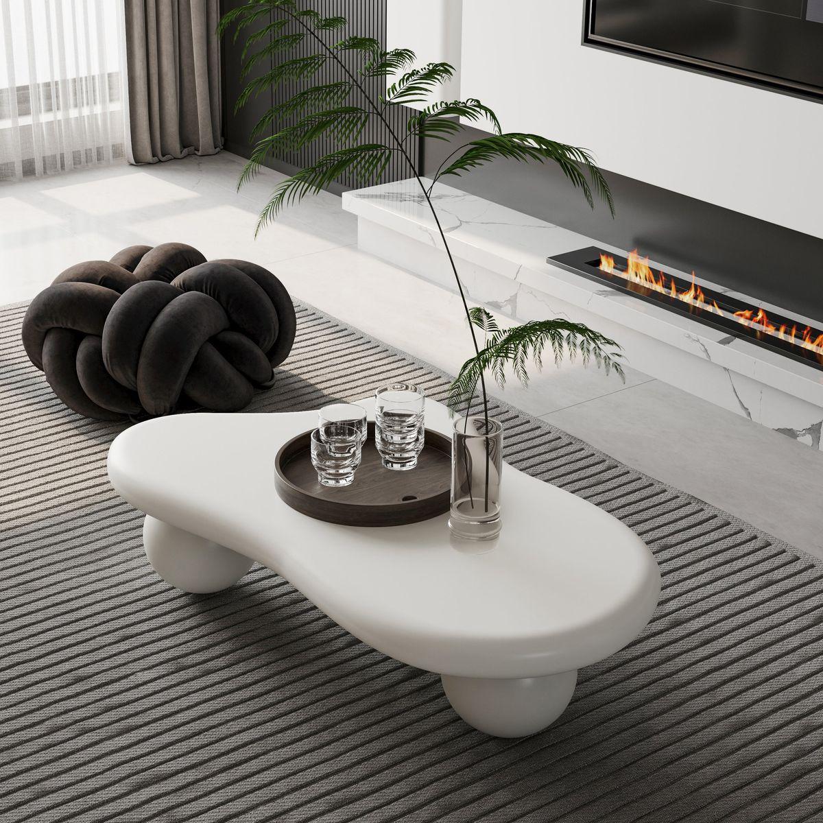 40 Inch Cloud Shaped Coffee Table with 3 Ball Legs for Living Room, Cream White