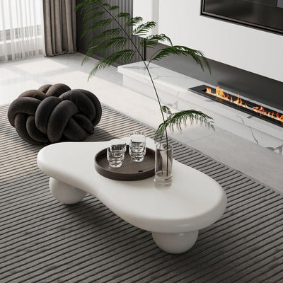 40 Inch Cloud Shaped Coffee Table with 3 Ball Legs for Living Room, Cream White