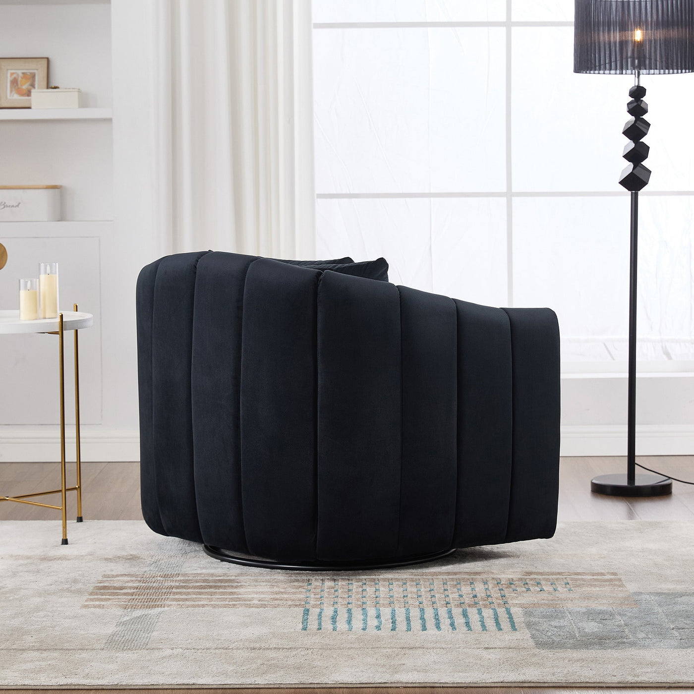40.35'W Upholstered Oversized 360° Swivel Accent Barrel Chair and Half Cozy Sofa with 3 Pillows, Velvet Channel Tufted Pumpkin-Shape Club Armchair for Living Room, Bedroom, Office, Lounge, Black