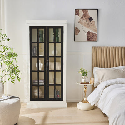 Rustic Style Display Cabinet with Glass Doors for Collectibles - White & Black, 71.2'' Tall