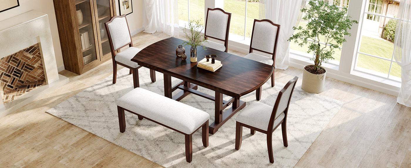 6-Piece Extendable Dining Table Set, 60–78 in. Wood Table with Removable Leaf, 4 Upholstered Chairs and Bench, Cherry Finish