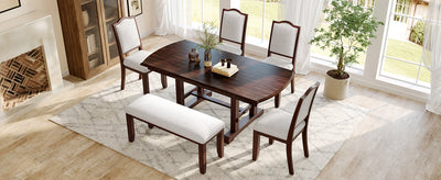 6-Piece Extendable Dining Table Set, 60–78 in. Wood Table with Removable Leaf, 4 Upholstered Chairs and Bench, Cherry Finish