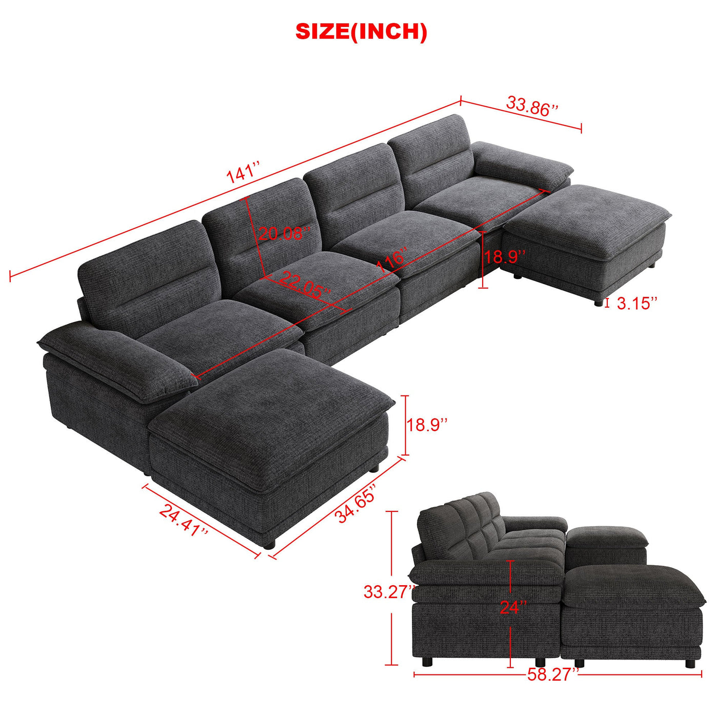 141'' Wide Modern U-shaped Sectional Sofa with high back cushion,6-seat Upholstered Soft Sofa Furniture,Sleeper Sofa Couch with Chaise Lounge for Living Room,Dark Grey