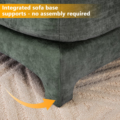 Stylish Two-Seater Sofa with Ottoman and Lumbar Pillows, Green Chenille Fabric, Ergonomic Design