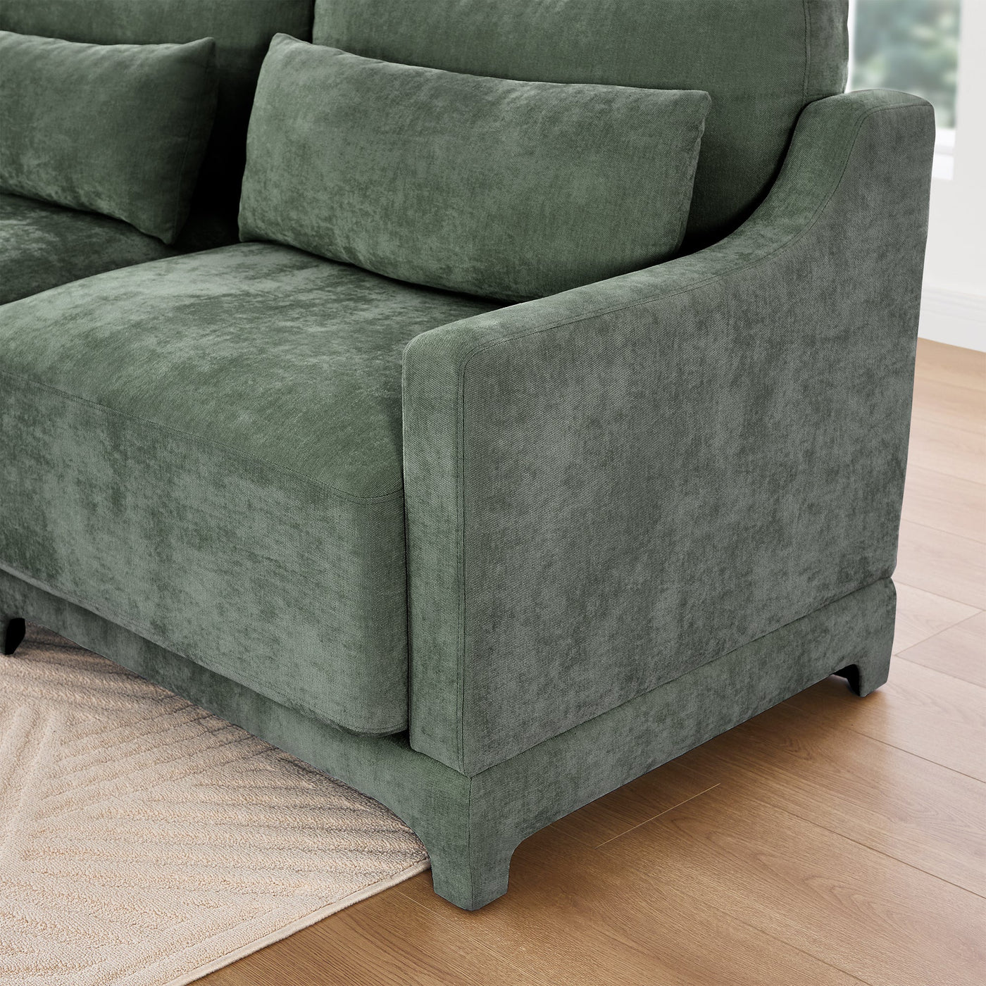 Stylish Two-Seater Sofa with Ottoman and Lumbar Pillows, Green Chenille Fabric, Ergonomic Design