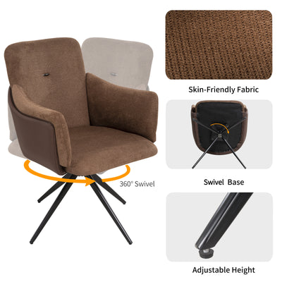360° Swivel Home Office Desk Chairs Set of 2,Dining Chairs with Arm, Upholstered Bedroom Chairs with Metal Base,Makeup Chair for Vanity, for Living Room, Bedroom,Study Room,Dining Room(Dark Brown)