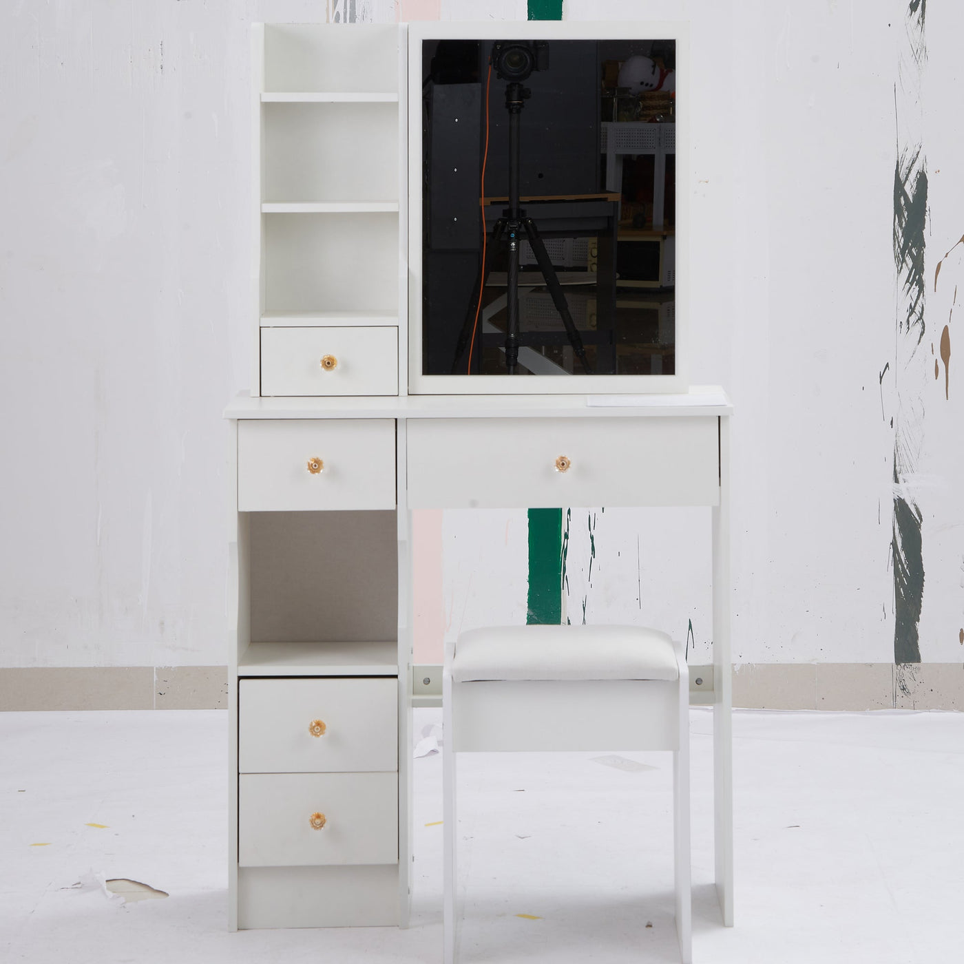 29.2' Small Size Left Drawer Desktop Vanity Table + Cushioned Stool, Extra Large Right sliding mirror, Multi Layer High Capacity Storage, Practical Fashionable Dresser, Suitable For Small Space
