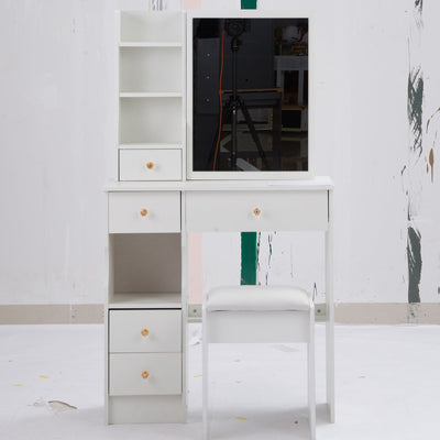 29.2' Small Size Left Drawer Desktop Vanity Table + Cushioned Stool, Extra Large Right sliding mirror, Multi Layer High Capacity Storage, Practical Fashionable Dresser, Suitable For Small Space