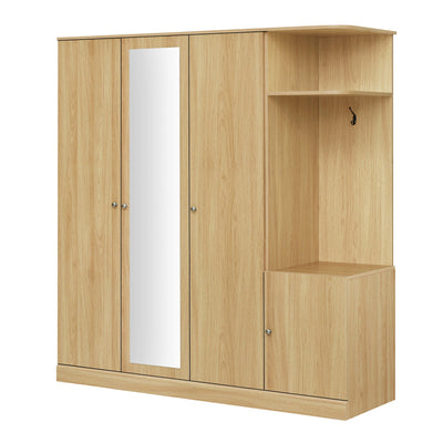 4-Door Wardrobe with Shelves, Drawers, and Full-Length Mirror, Natural