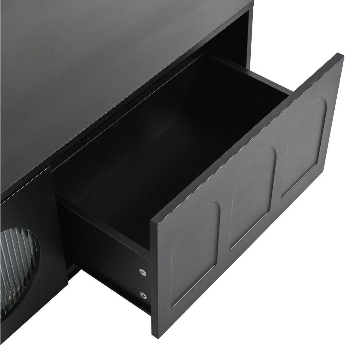 TV Stand with Fluted tempered Glass Doors for TVs Up to 95", Functional Media Console with Arched Cabinet Doors, Entertainment Center with APP-Controlled LED Light for Living Room, Black
