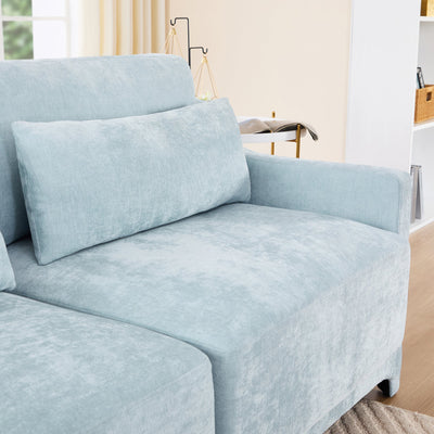 Elegant Two-Seater Sofa with Ottoman and Lumbar Pillows, Sky Blue Chenille, High-Quality Wood