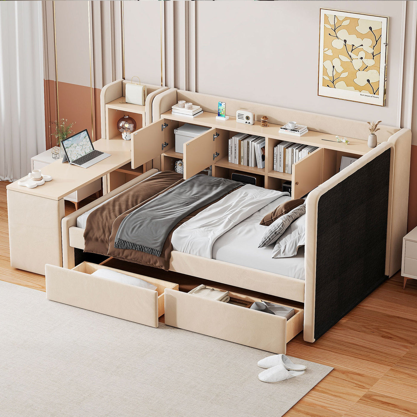 Twin Size Upholstered Daybed with Drawers, Shelves, Flip Cabinets & Side Table (Beige)