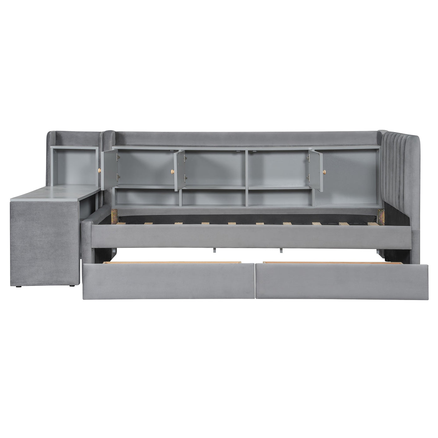 Twin Size Upholstered Daybed with Drawers, Shelves, Flip Cabinets & Side Table (Gray)